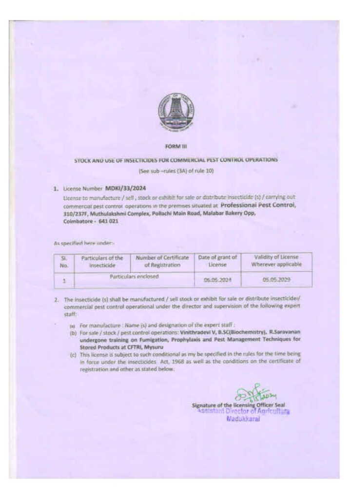 Certifications of STOCK AND USE OF INSECTICIDES COMMERCIAL PEST CONTROL OPERATION