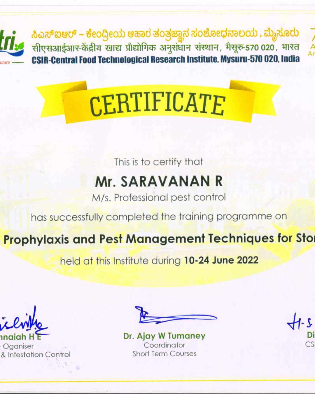 Certifications of Fumigation, Prophylaxis and Pest Management Technique for Stored Food Commodities
